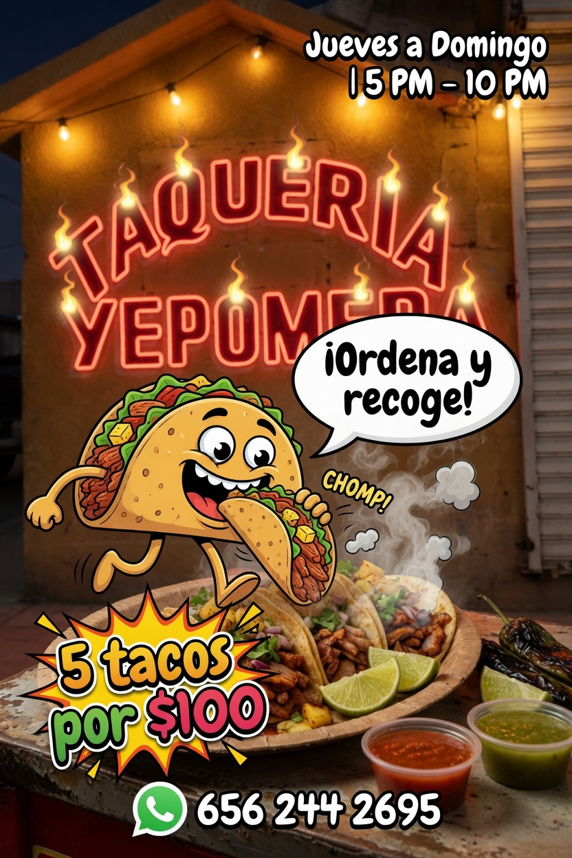 Promoción 5 tacos por $100 de Taquería Yepomera